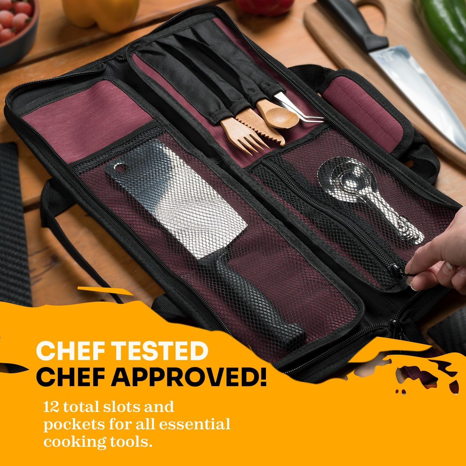 12-Pocket Chef Knife Roll Durable Lightweight Red Nylon Case