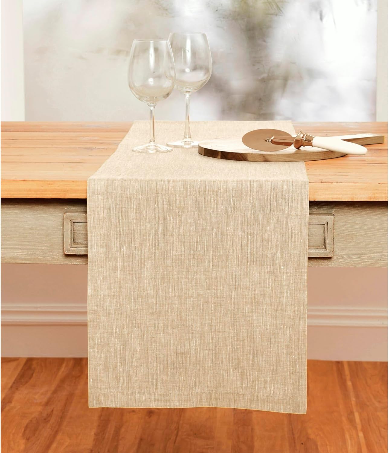 Solino Home 14x36 Champagne Beige Linen Table Runner