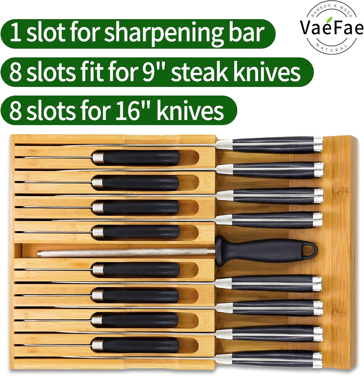 VaeFae In-Drawer Knife Block Bamboo Knife Organizer for 16 Knives Sharpener
