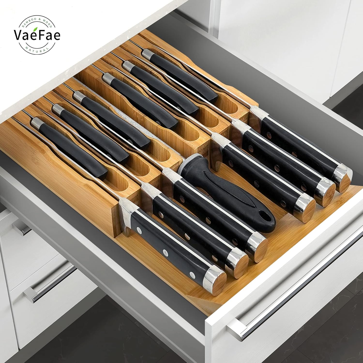 VaeFae Bamboo Knife Organizer - Store 12 Knives Keep Them Sharp in Style