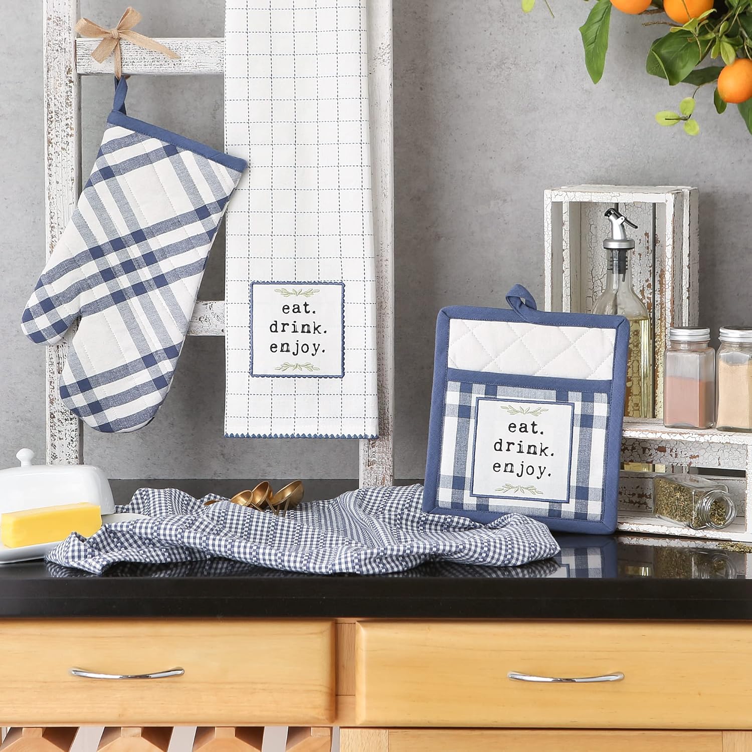 DII Home Sweet Farmhouse Kitchen Collection 4-Piece PotholderOven MittDishtowel Set French Blue