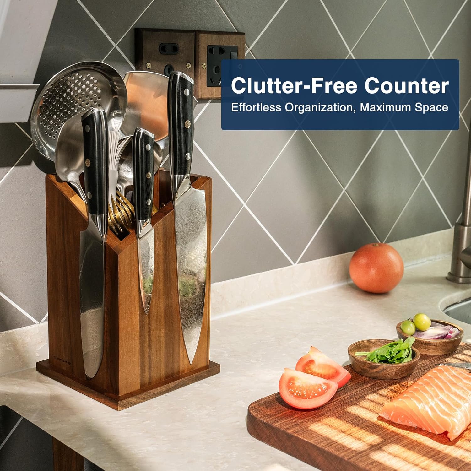 Gourmetop Magnetic Knife Holder Acacia Wood Universal Kitchen Utensil Holder Knife Block
