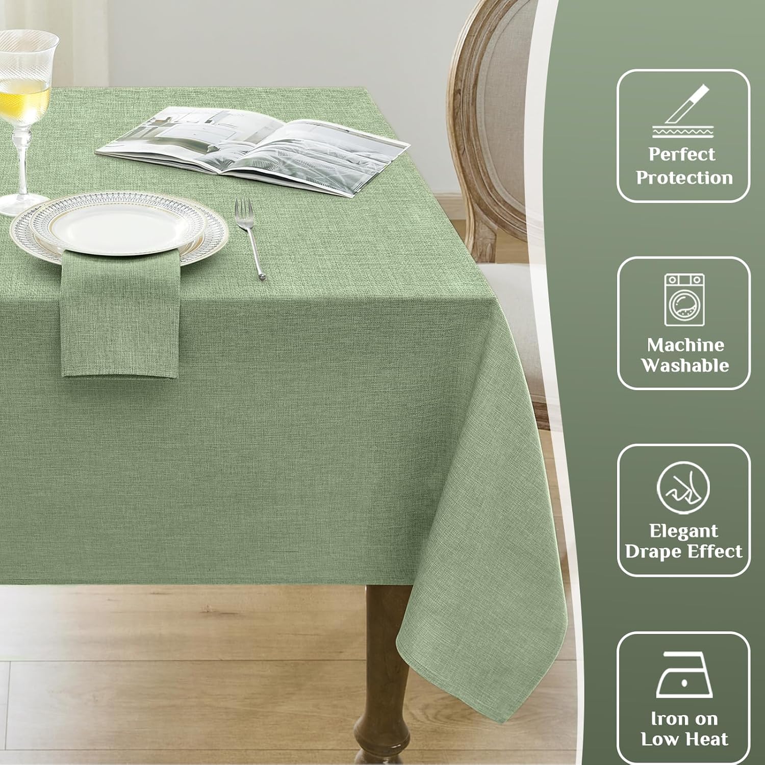 Softalker Rustic Linen Textured Tablecloth Waterproof Wipeable Sage Green 60x84