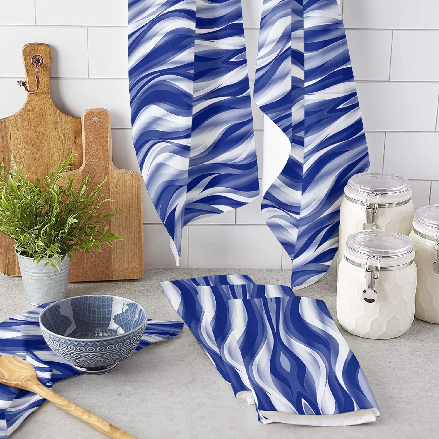 ZOE GARDEN Abstract Navy Blue Kitchen Towels Quick Dry Cleaning Cloth Modern Stripes