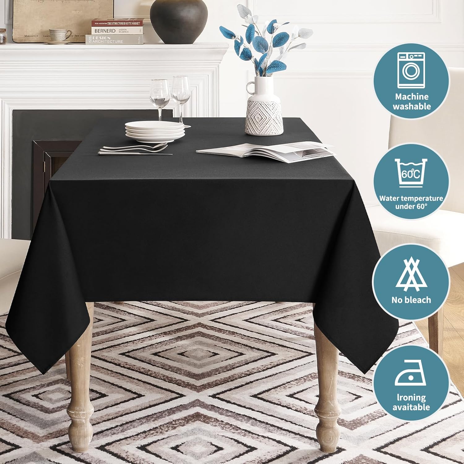 Veblandy waterproof tablecloth 60x84 inch black spill-proof