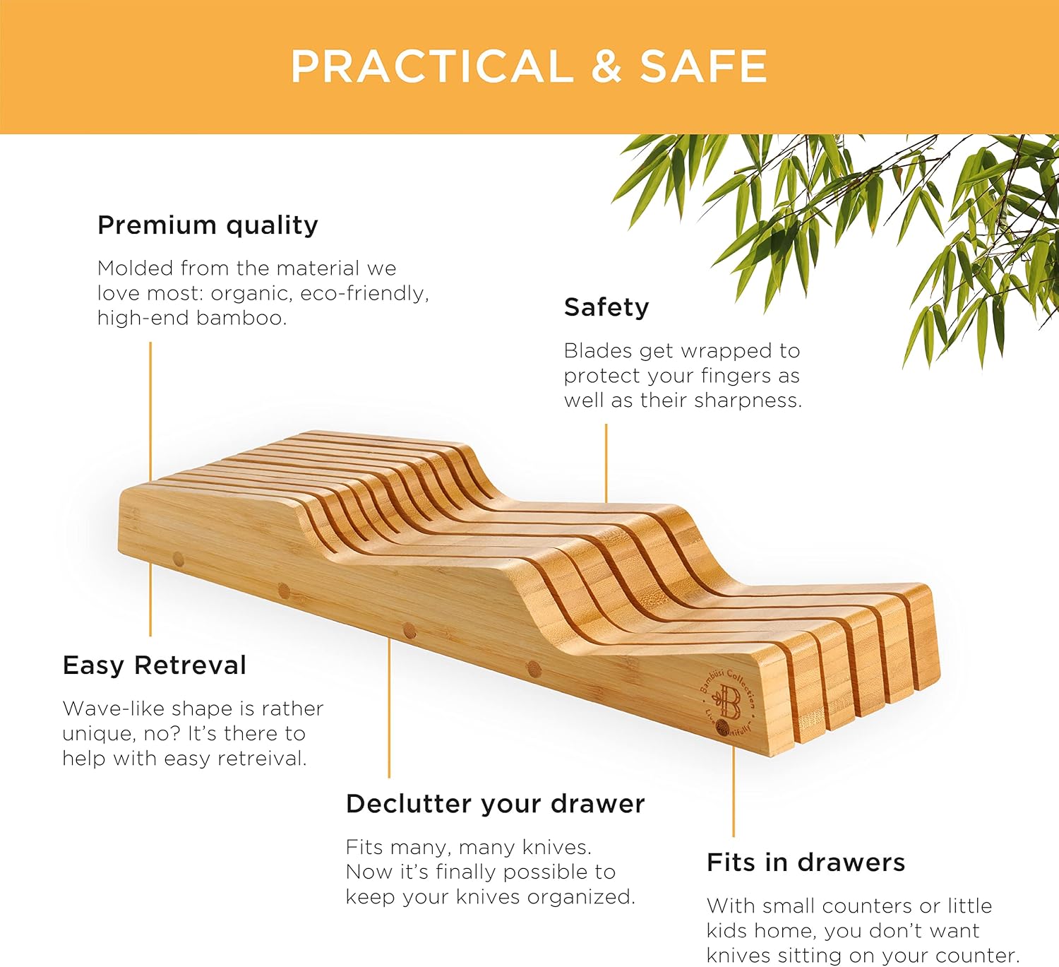 Bambsi In-Drawer Knife Block - Bamboo Knife Organizer