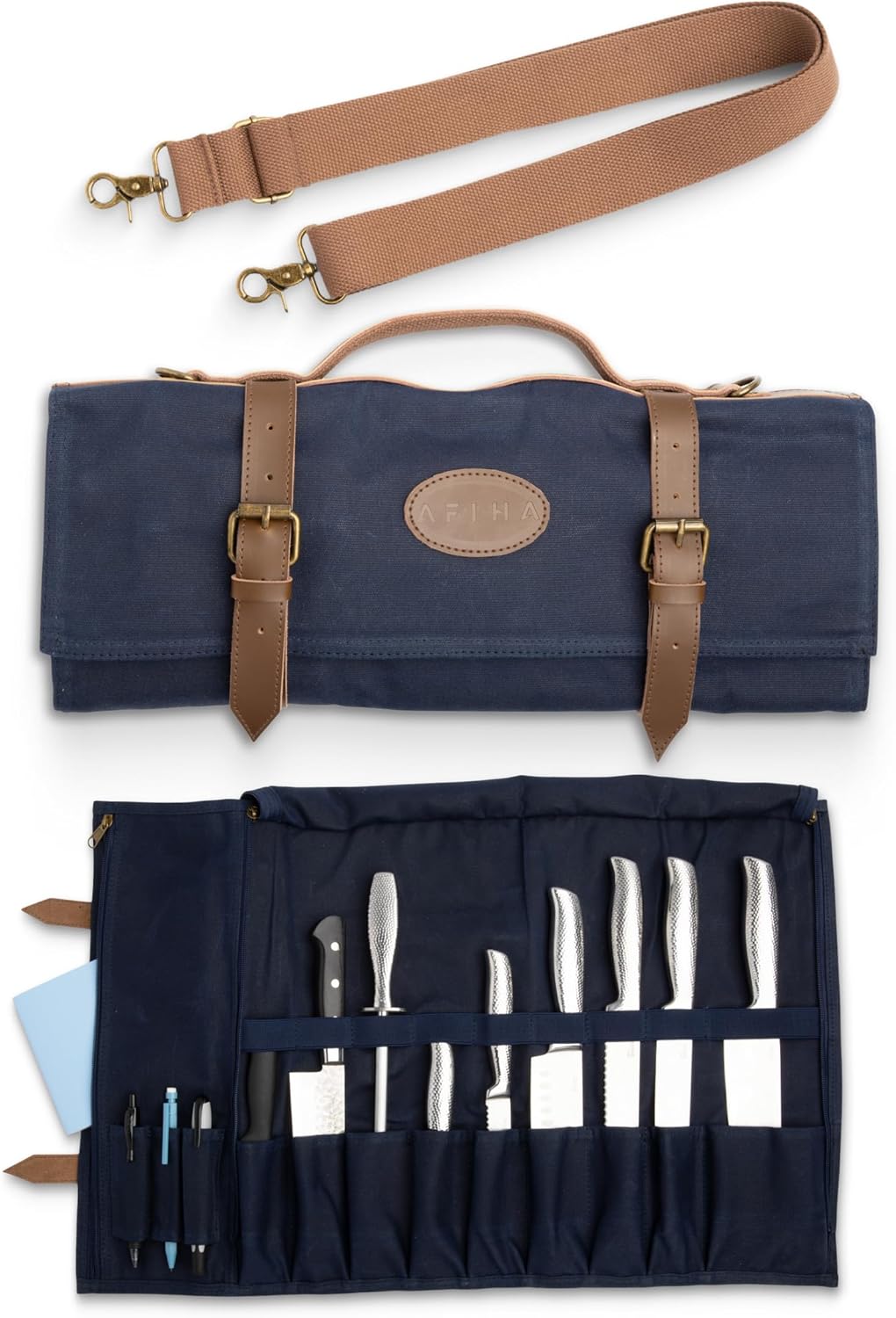 Chefs Knife Roll Bag with Top Grain Leather Waxed Canvas