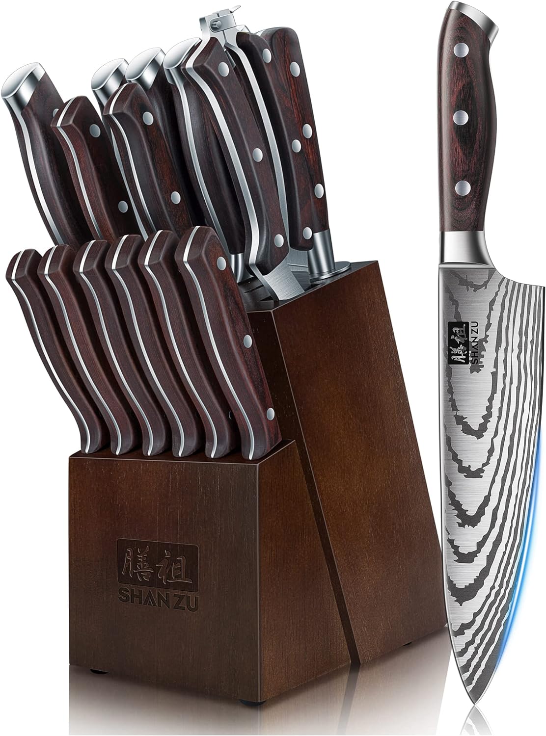 SHAN ZU 16 Piece Japanese Knife Set with Block and Sharpener