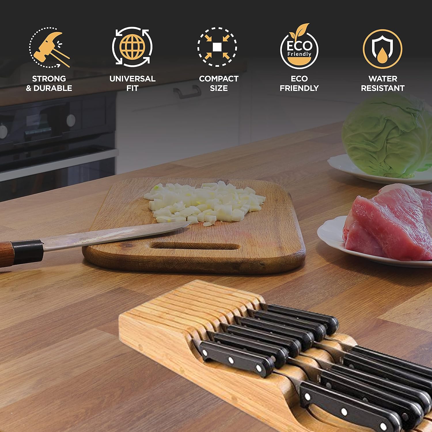 Bambsi In-Drawer Knife Block - Bamboo Knife Organizer