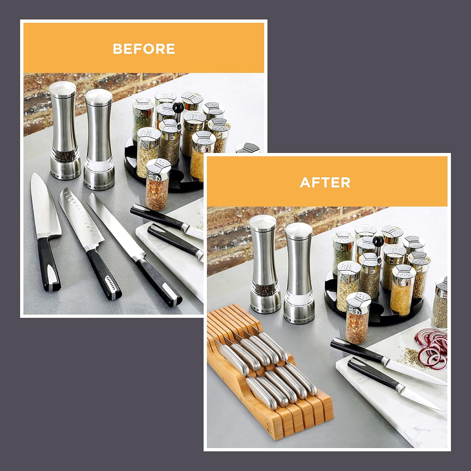 Bambsi In-Drawer Knife Block - Bamboo Knife Organizer