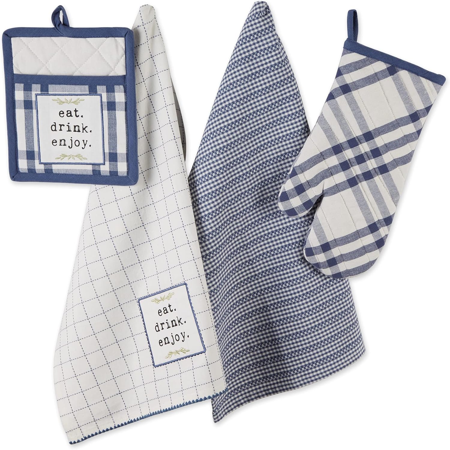 DII Home Sweet Farmhouse Kitchen Collection 4-Piece PotholderOven MittDishtowel Set French Blue