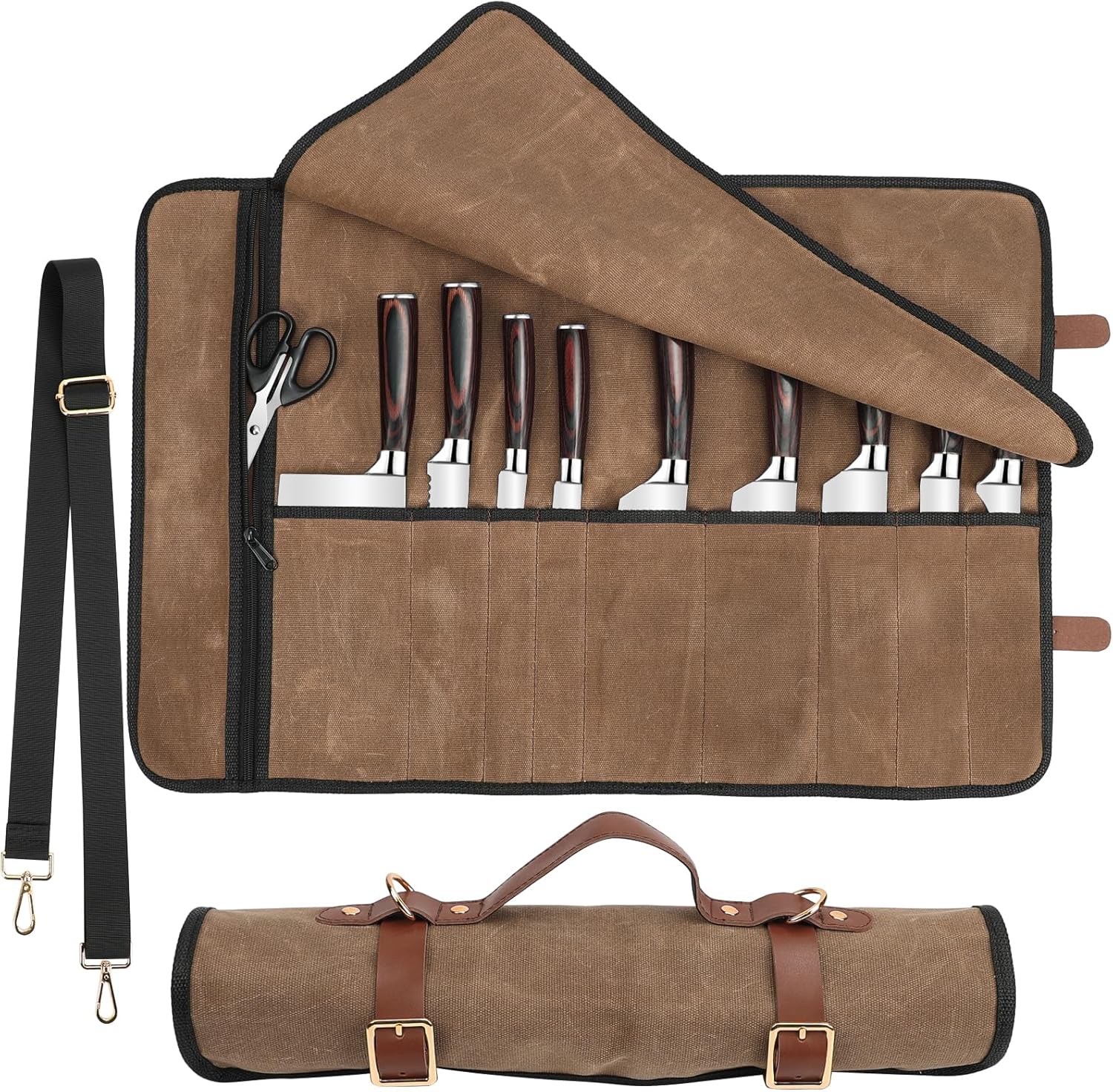Professional Knife Roll Bag with PU Leather Zippers