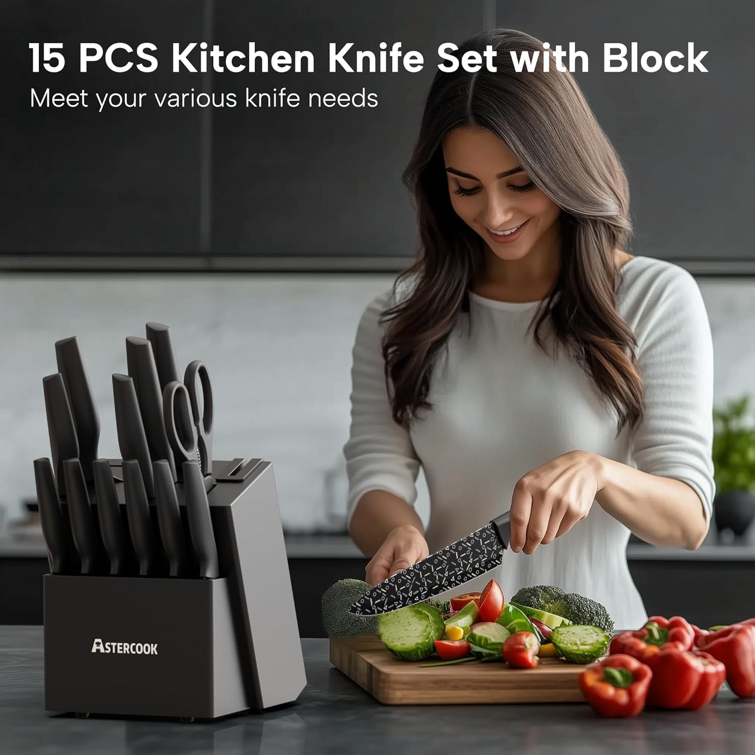 Astercook 15-Piece Knife Set with Built-in Sharpener