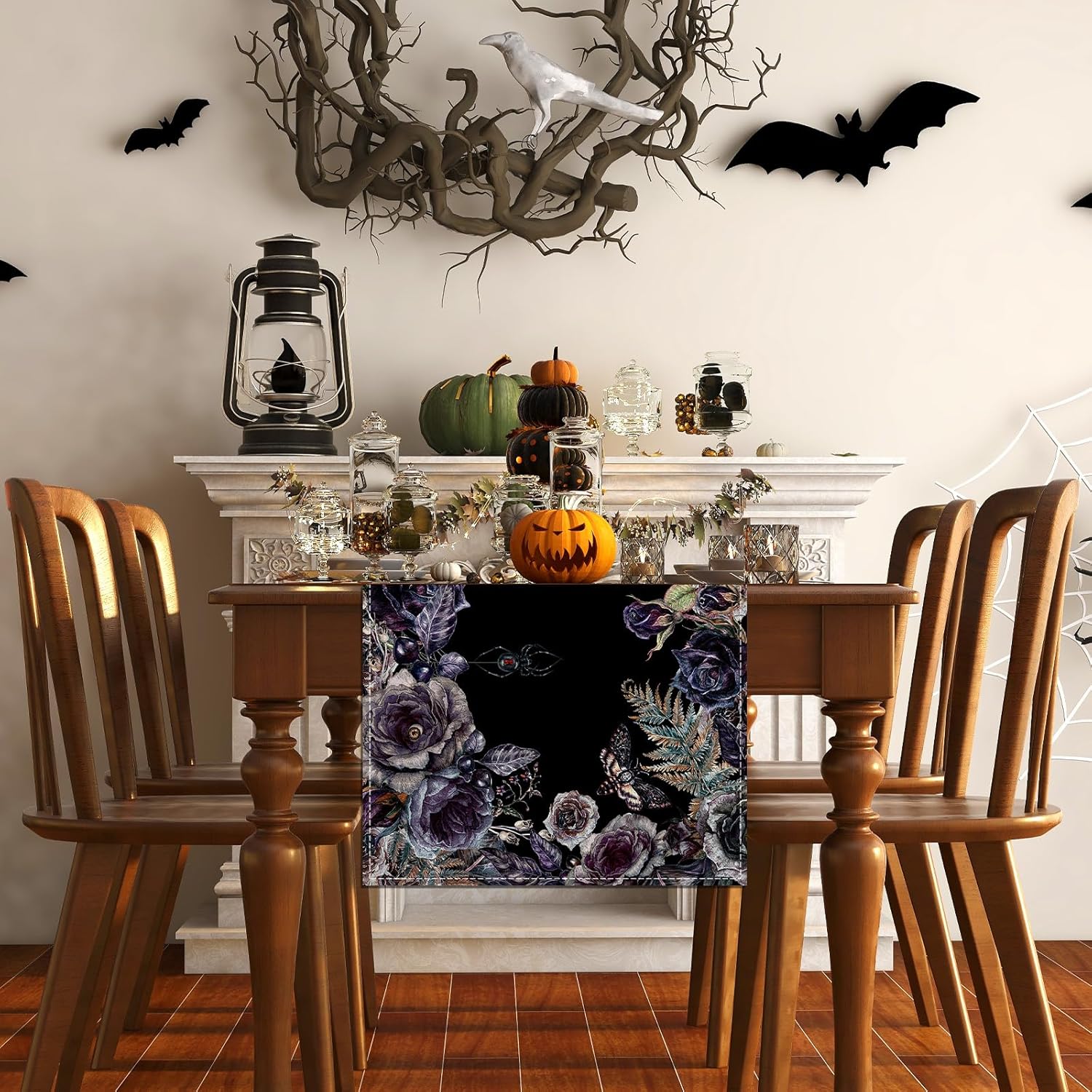 Rvsticty Gothic Skull Roses Table Runner