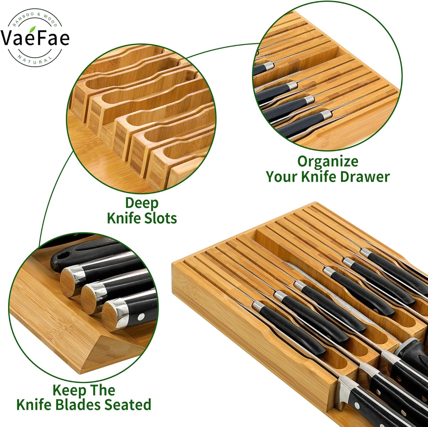 VaeFae Bamboo Knife Organizer - Store 12 Knives Keep Them Sharp in Style