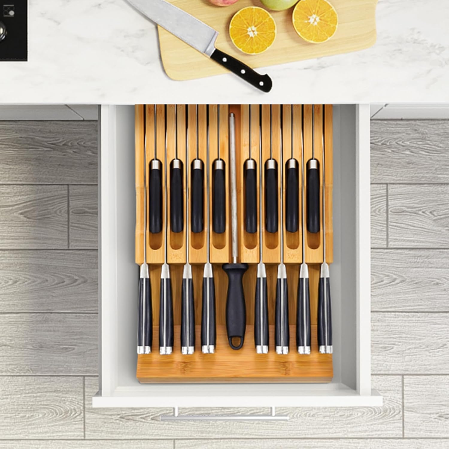 VaeFae In-Drawer Knife Block Bamboo Knife Organizer for 16 Knives Sharpener