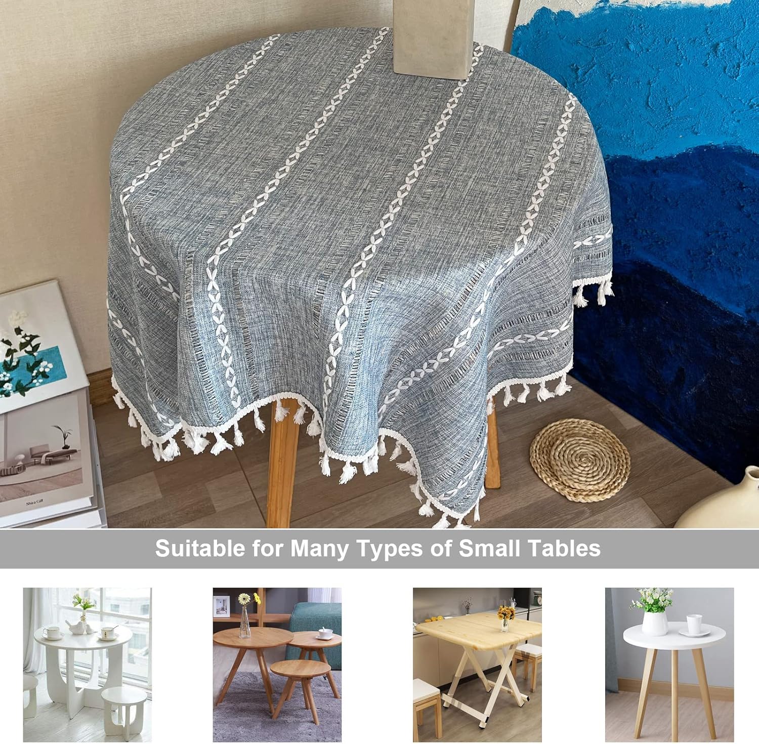 Rustic Linen Tablecloth with Tassels for Kitchen Dining Rooms