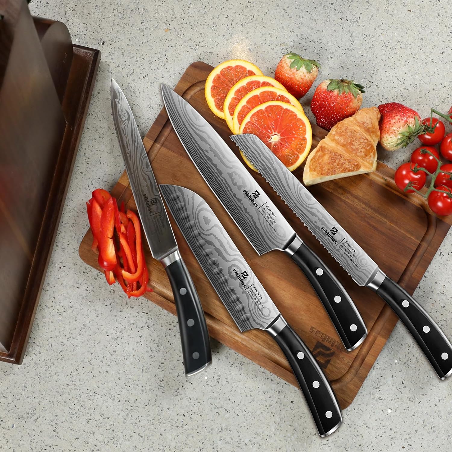 17-Piece German Damascus knives set with magnetic holder Precision sharpness Ergonomic design