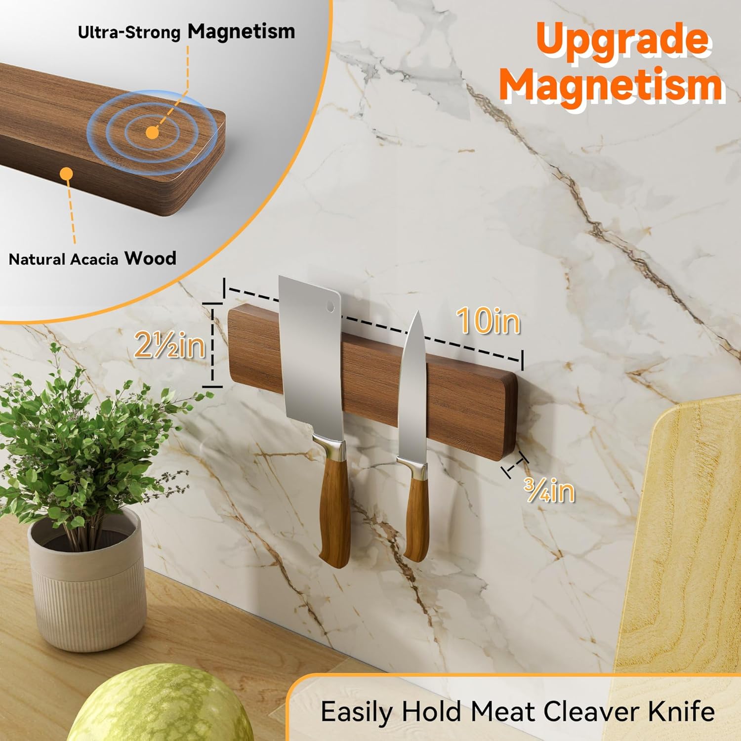 Magnetic Knife Holder Acacia Wood No Drill Installation