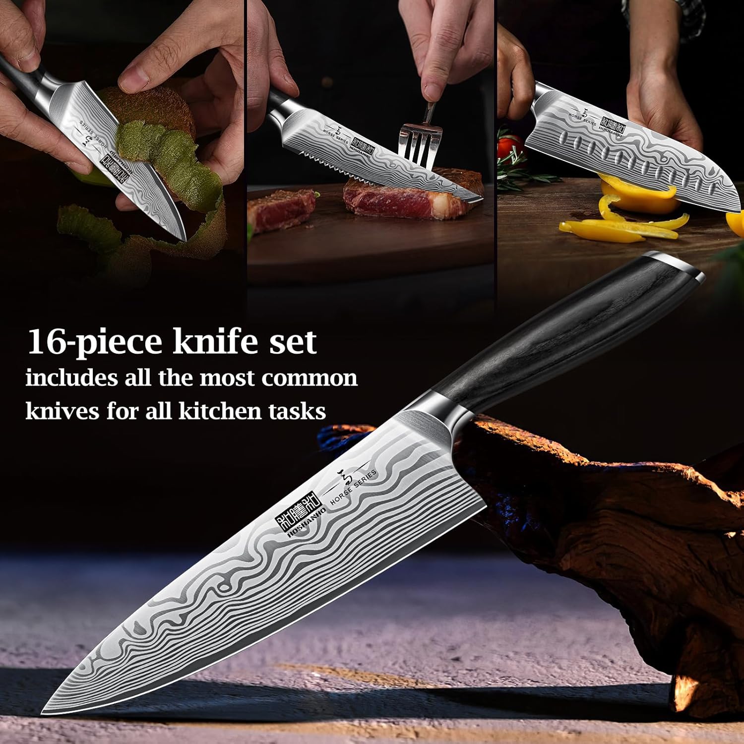 HOSHANHO 16-Piece Knife Set with Block and Sharpener