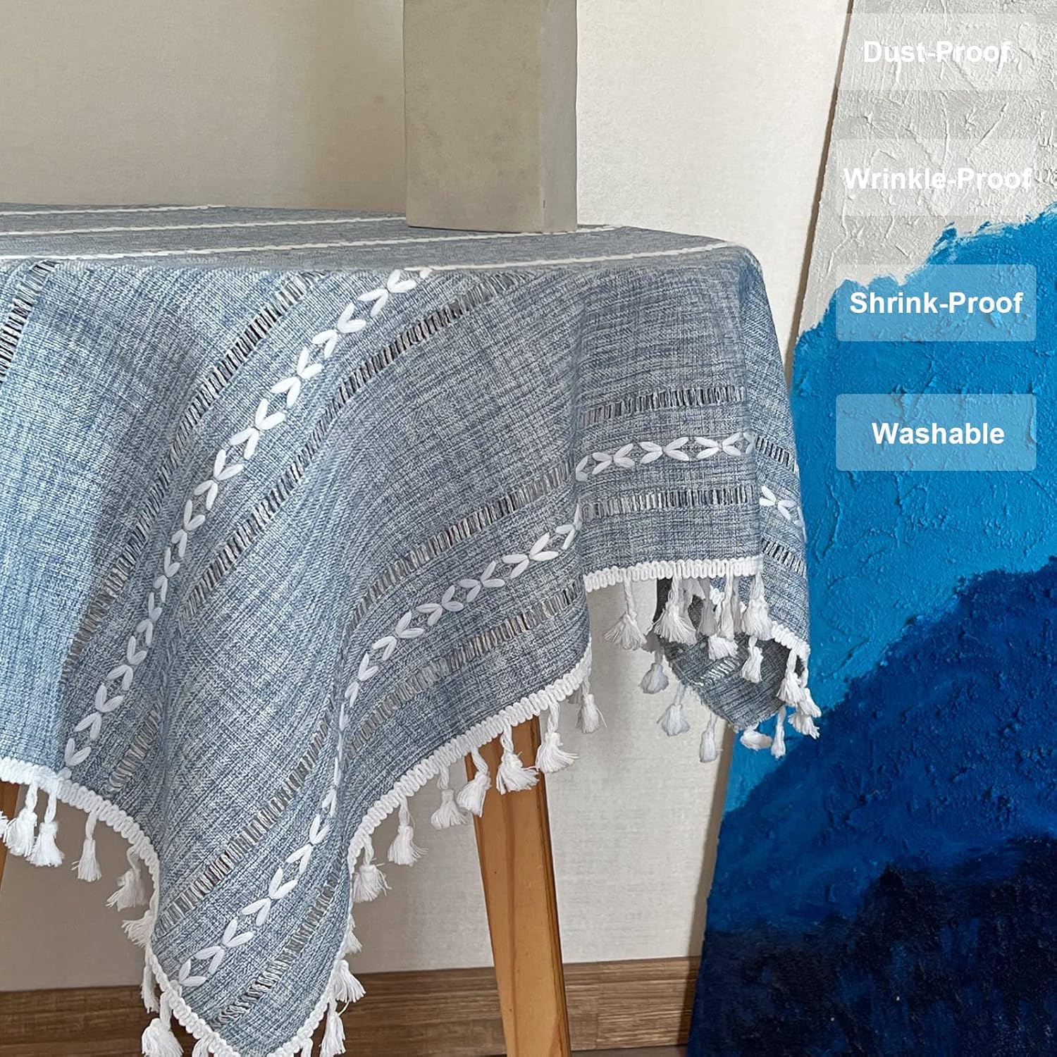 Rustic Linen Tablecloth with Tassels for Kitchen Dining Rooms