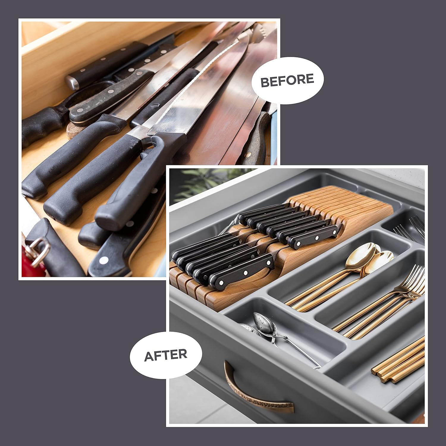 Bambsi In-Drawer Knife Block - Bamboo Knife Organizer