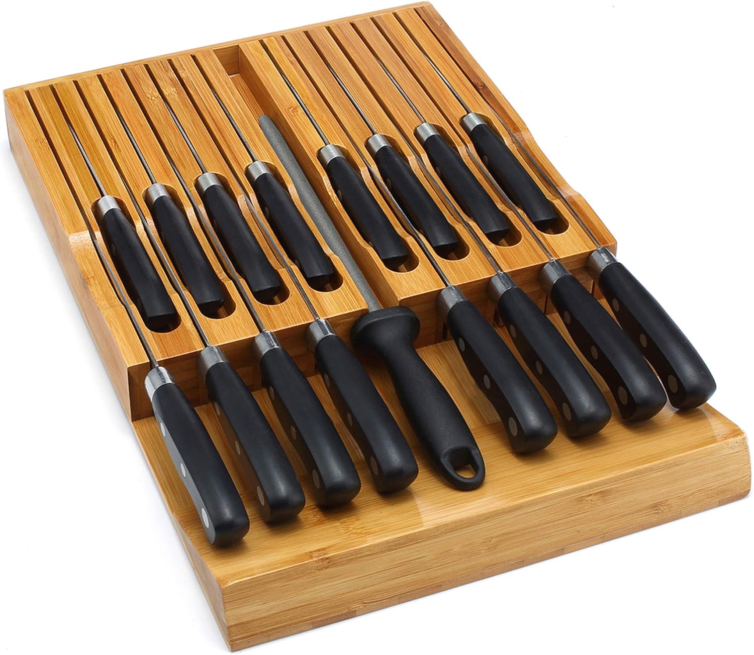 VaeFae In-Drawer Knife Block Bamboo Knife Organizer for 16 Knives Sharpener