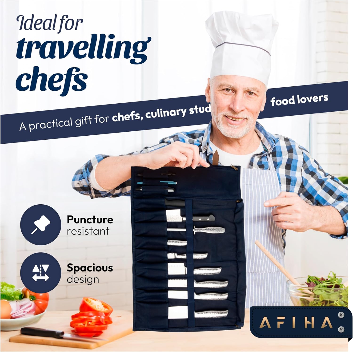 Chefs Knife Roll Bag with Top Grain Leather Waxed Canvas