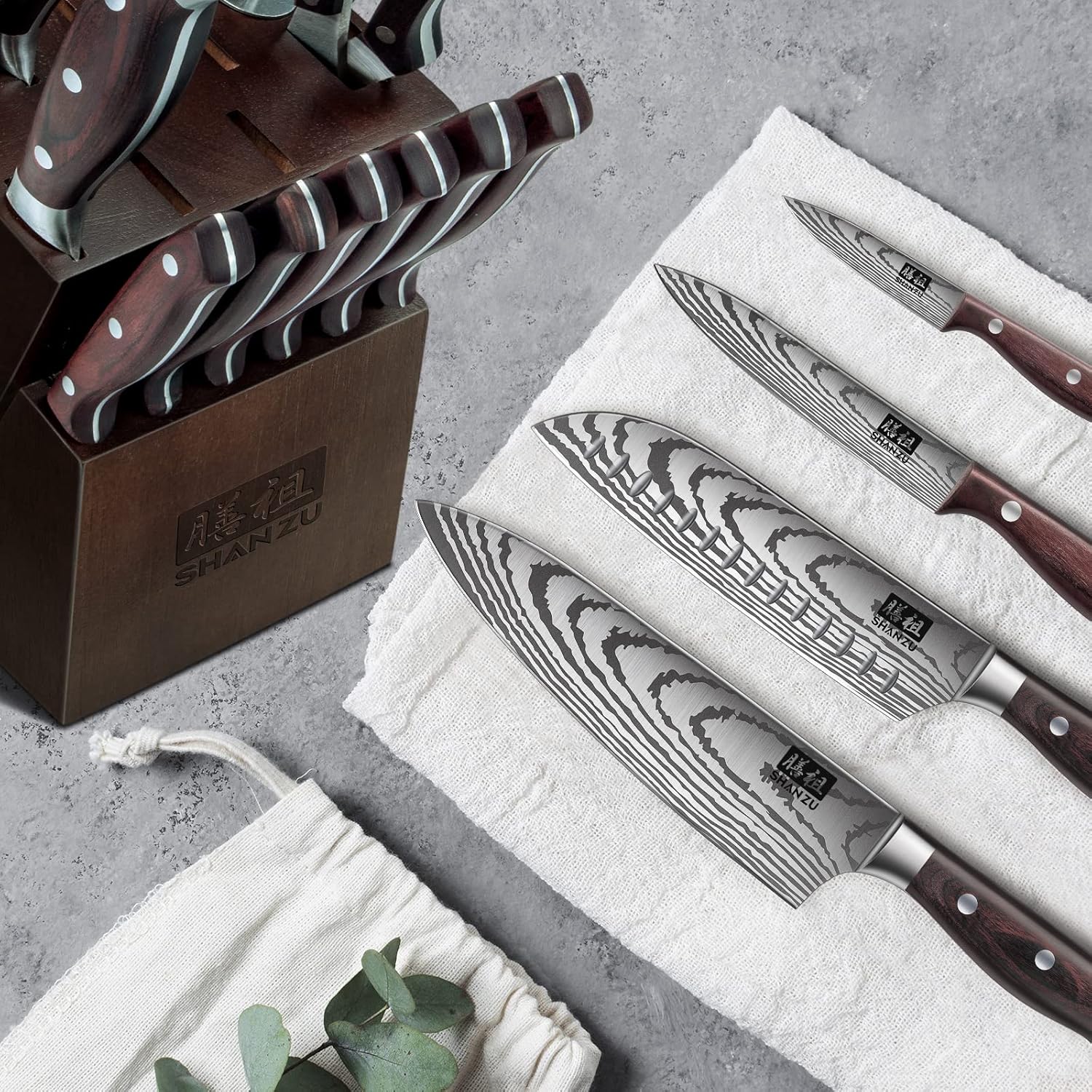 SHAN ZU 16 Piece Japanese Knife Set with Block and Sharpener