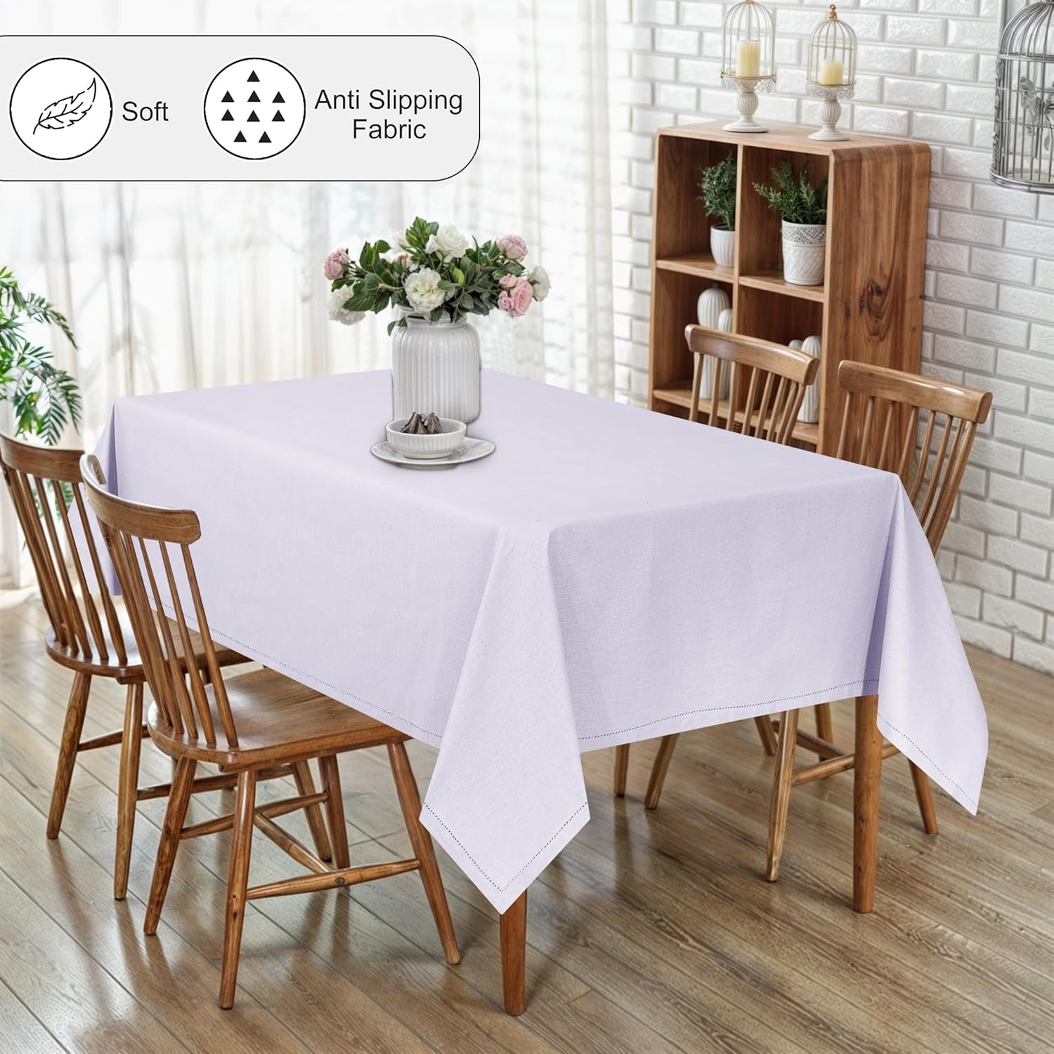 RUVANTI 84x60 Premium Linen Tablecloth Machine Washable Lavender Grey