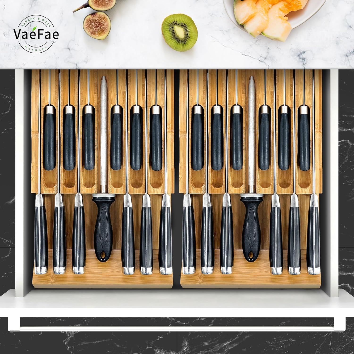 VaeFae Bamboo Knife Organizer - Store 12 Knives Keep Them Sharp in Style