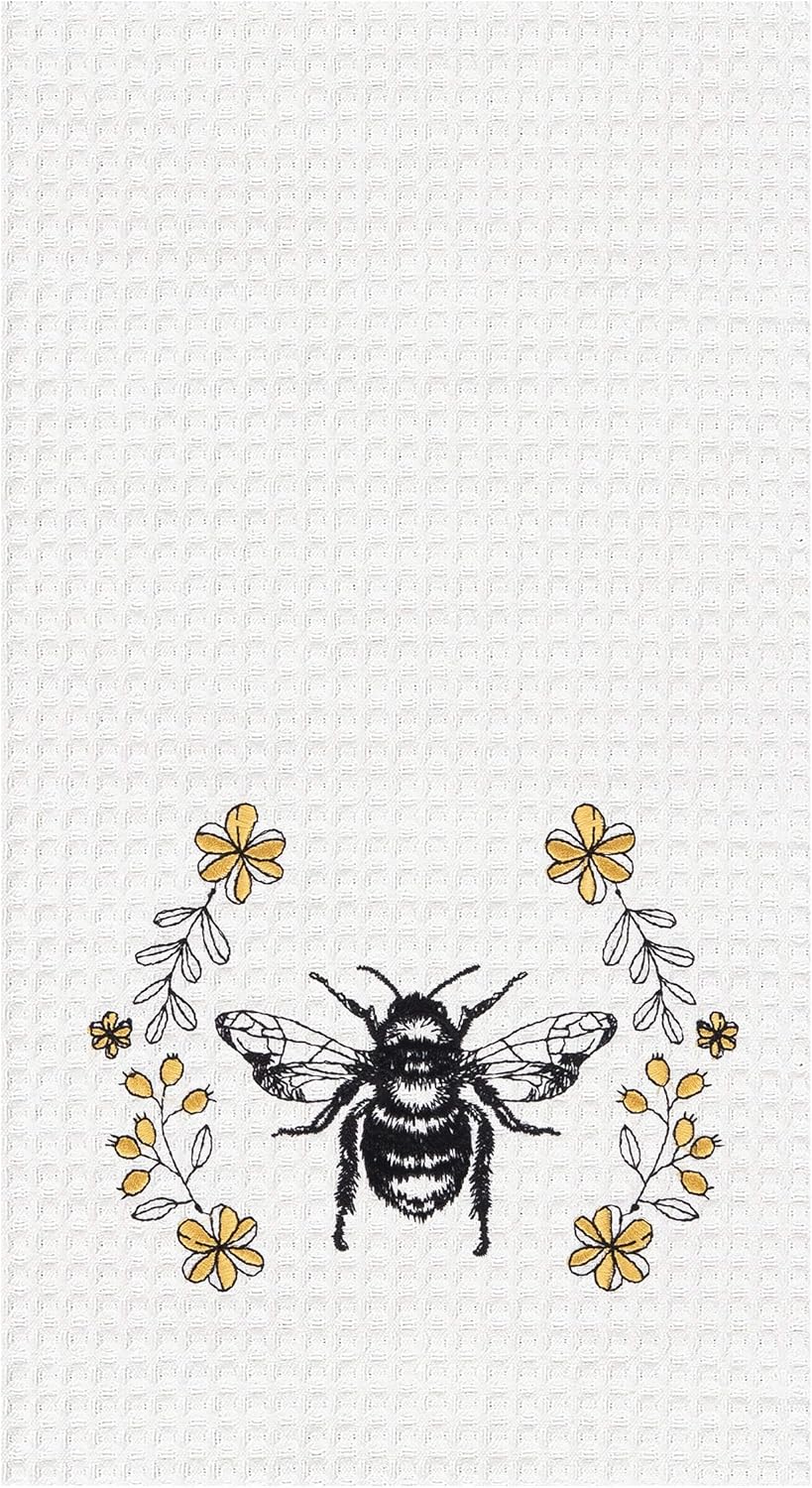 Queen Bee Embroidered Waffle Weave 18x27 White Kitchen Towel