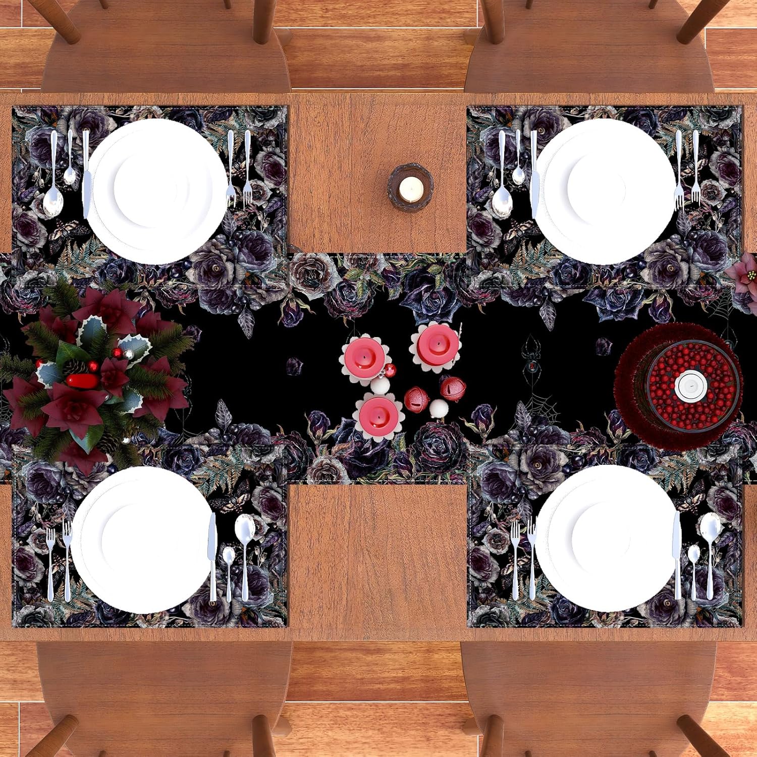 Rvsticty Gothic Skull Roses Table Runner