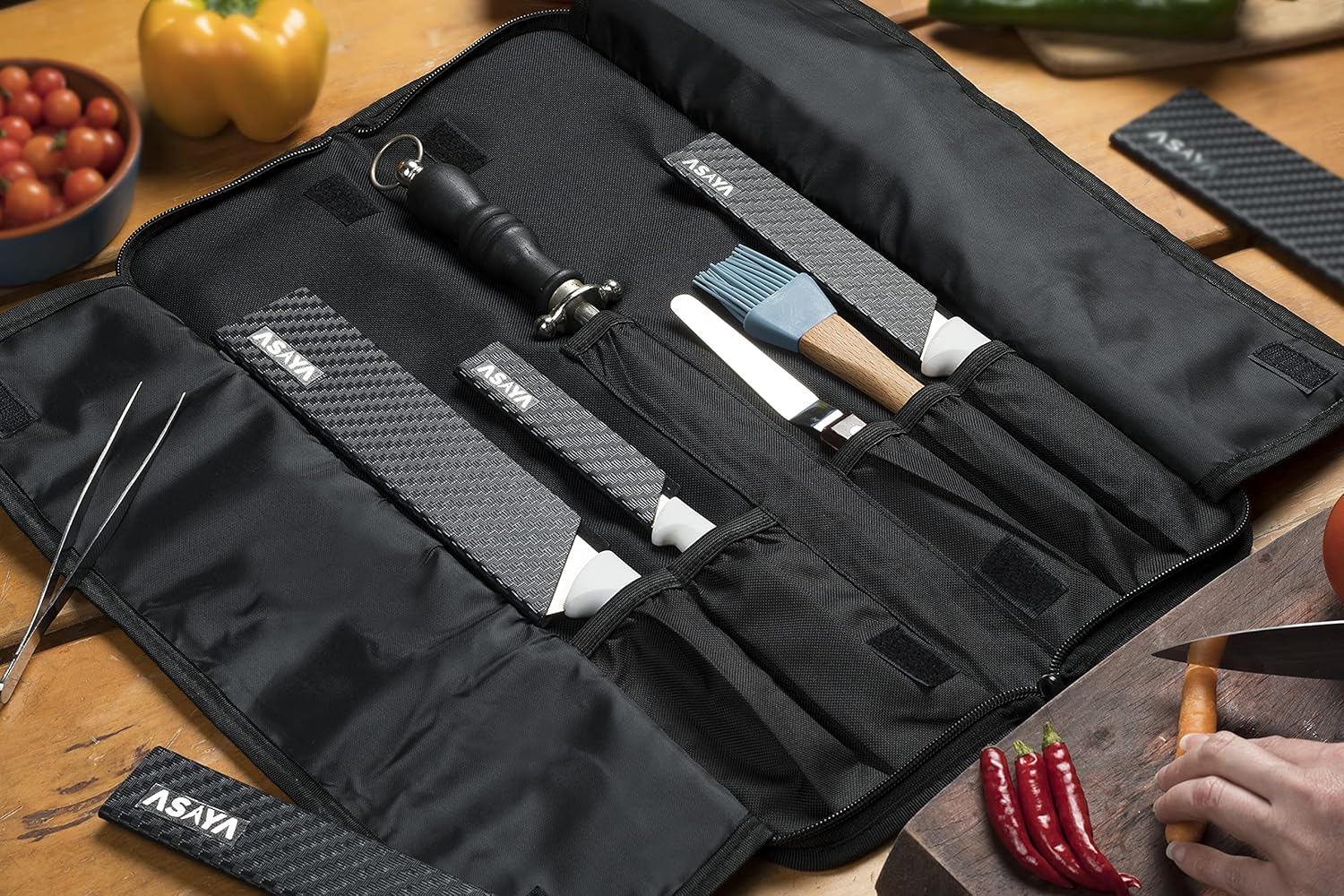 12-Pocket Chef Knife Roll Durable Lightweight Red Nylon Case