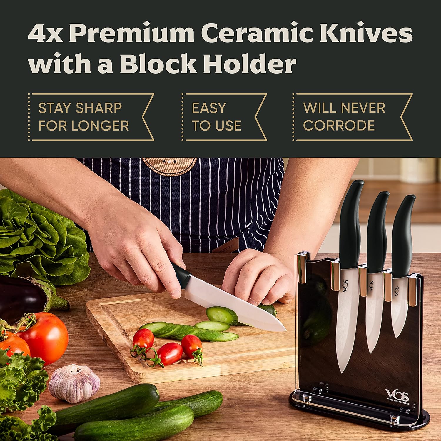 Vos Ceramic 4-Piece Knife Set - Premium Sharp Durable Elegant