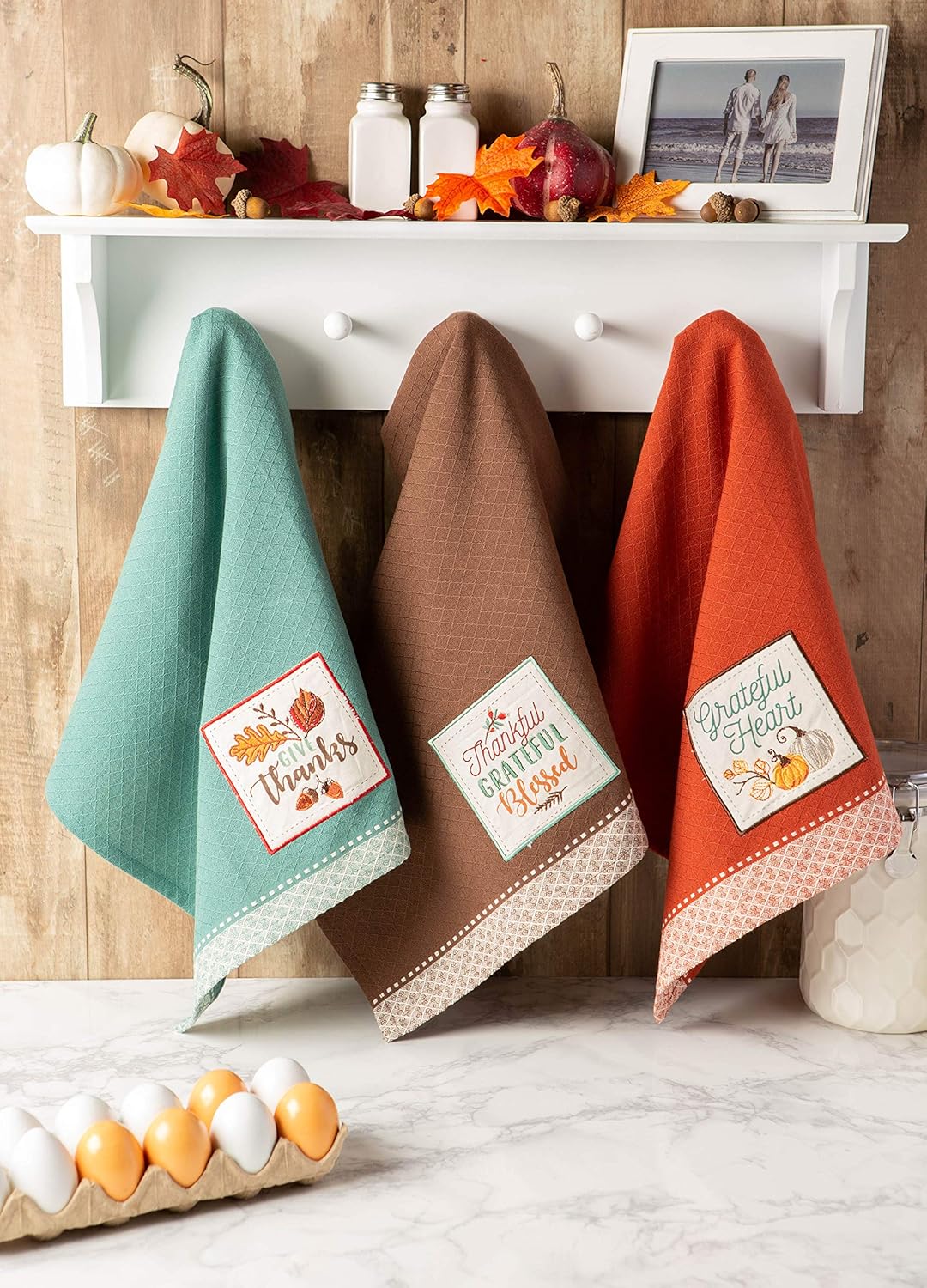 DII Fall Basics Collection Embellished 18x28 Dishtowel Set Thankful Grateful