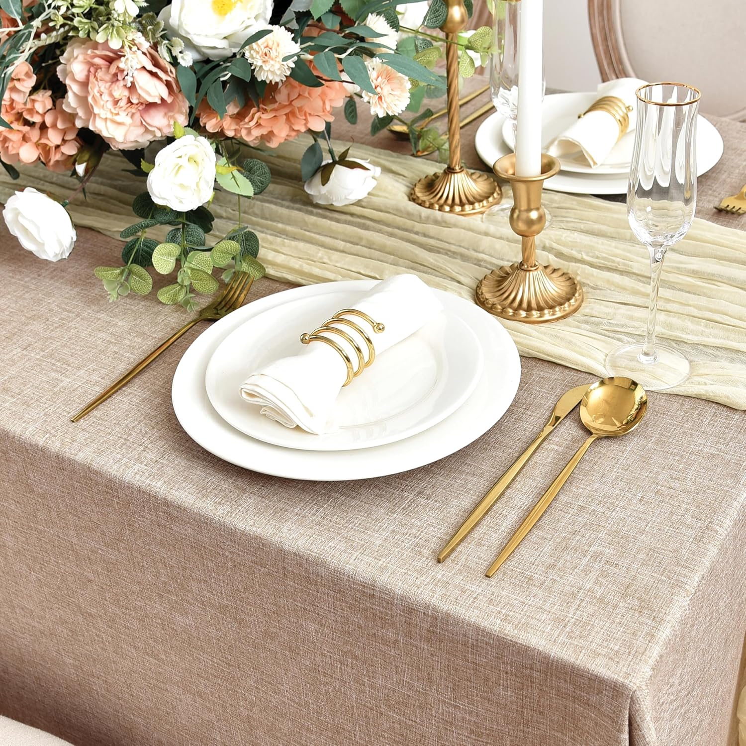 Fitable Linen Tablecloth Beige 52x70 in Water Stain Resistant