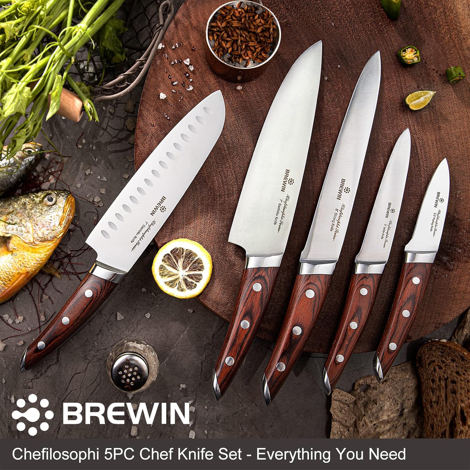Brewins ChefiLOSOPHI Japanese Chef Knife Set 5PCS Ergonomic Design Complete Set
