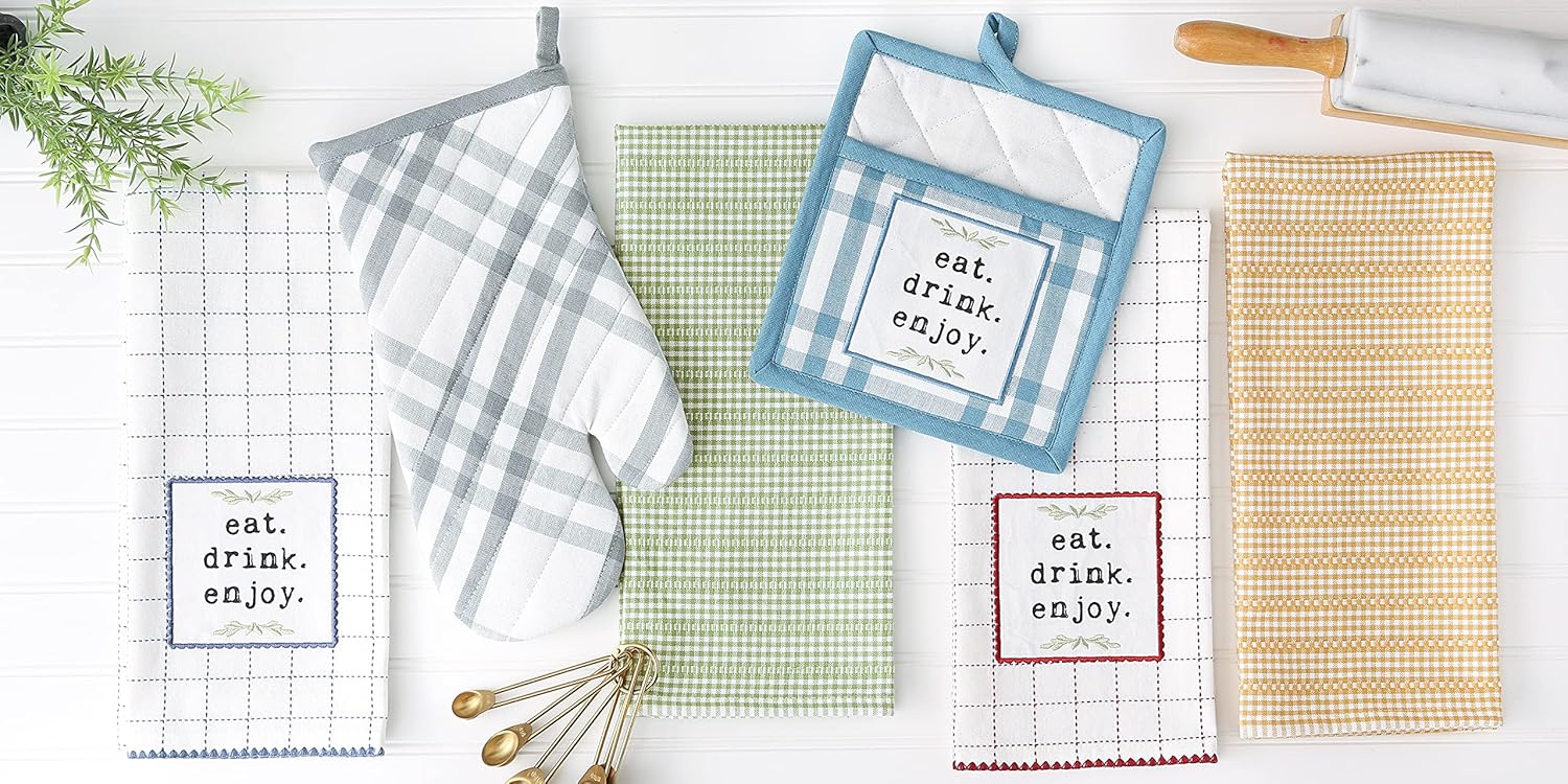 DII Home Sweet Farmhouse Kitchen Collection 4-Piece PotholderOven MittDishtowel Set French Blue