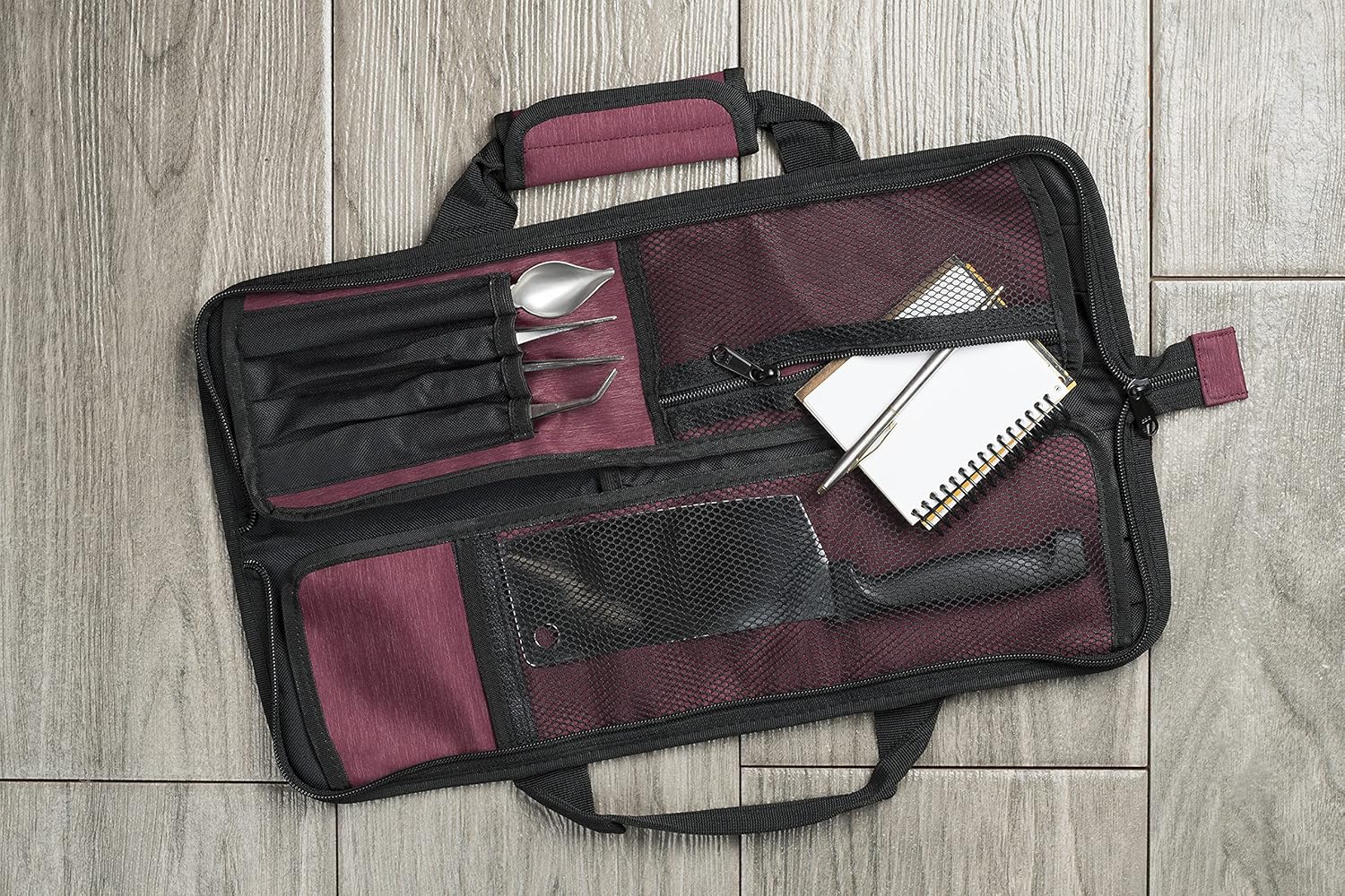 12-Pocket Chef Knife Roll Durable Lightweight Red Nylon Case